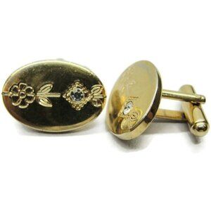 Oval Cufflinks Gold Tone Flower Rhinestone Tux Shirt Dress Suit Vintage